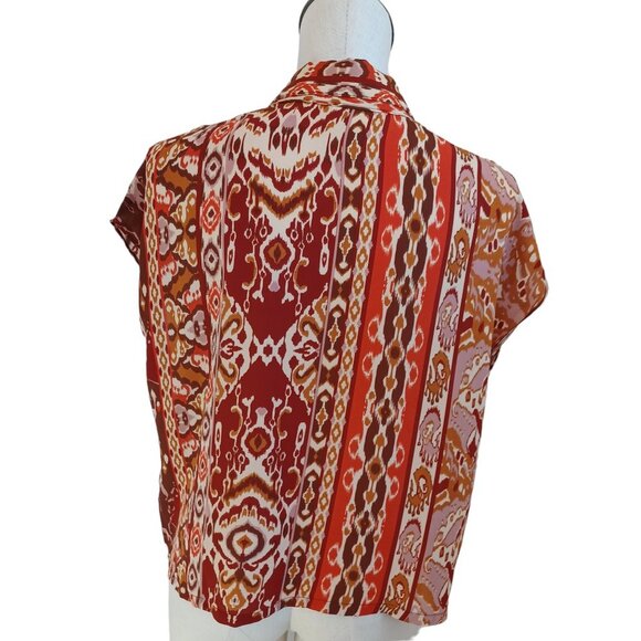 Cupcakes & Cashmere Top Ikat Aztec Print Short Sleeve Camp Shirt Womens Medium - Picture 14 of 15